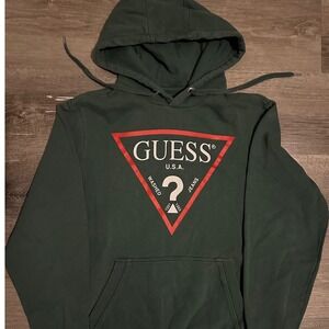 Guess Usa Logo Graphic Hoodie Green Washed Mens Size S